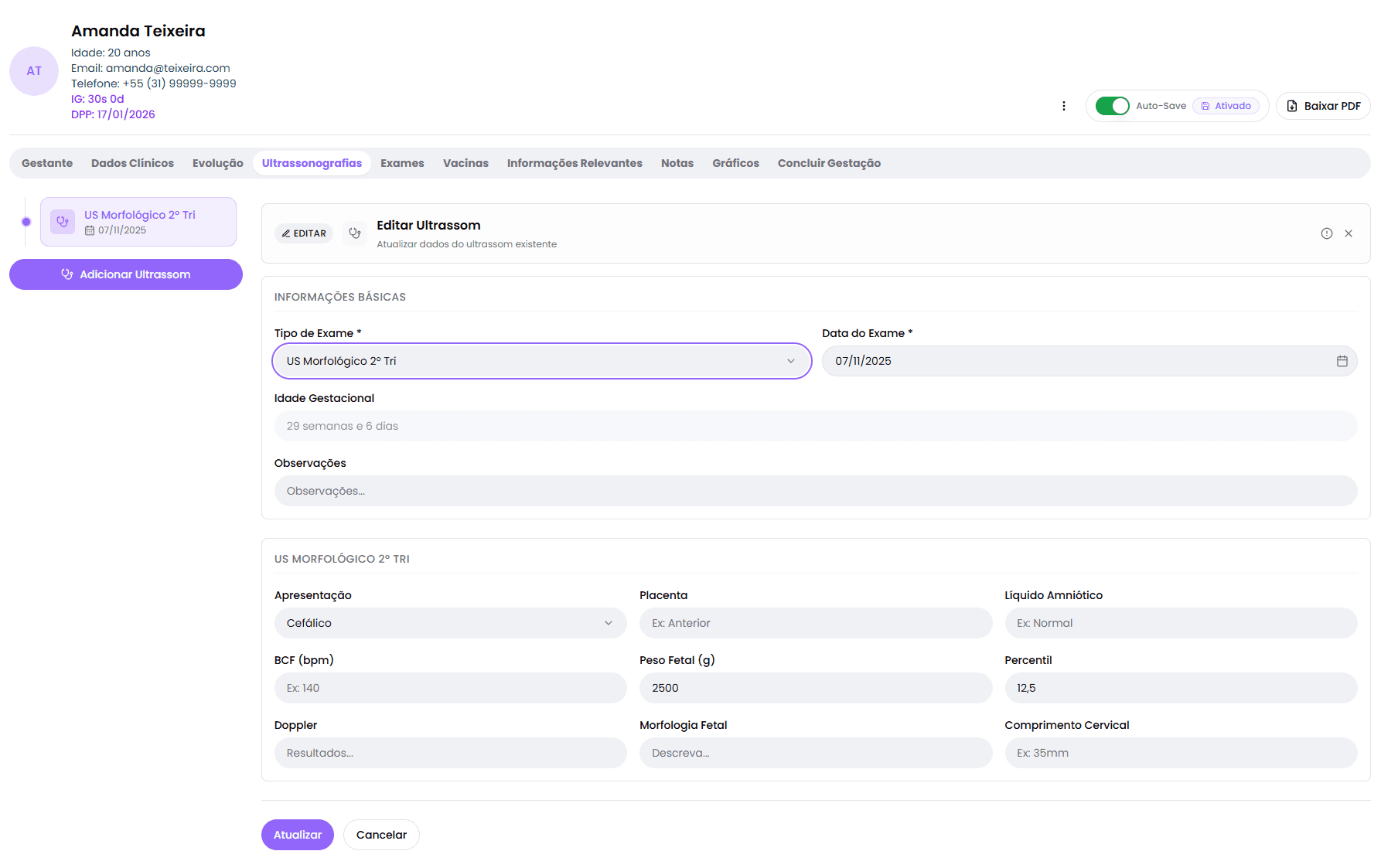 Aba Ultrassonografias: Registro Completo e Organizado de Exames - PrenatalPro - Cartão Pré-Natal Digital