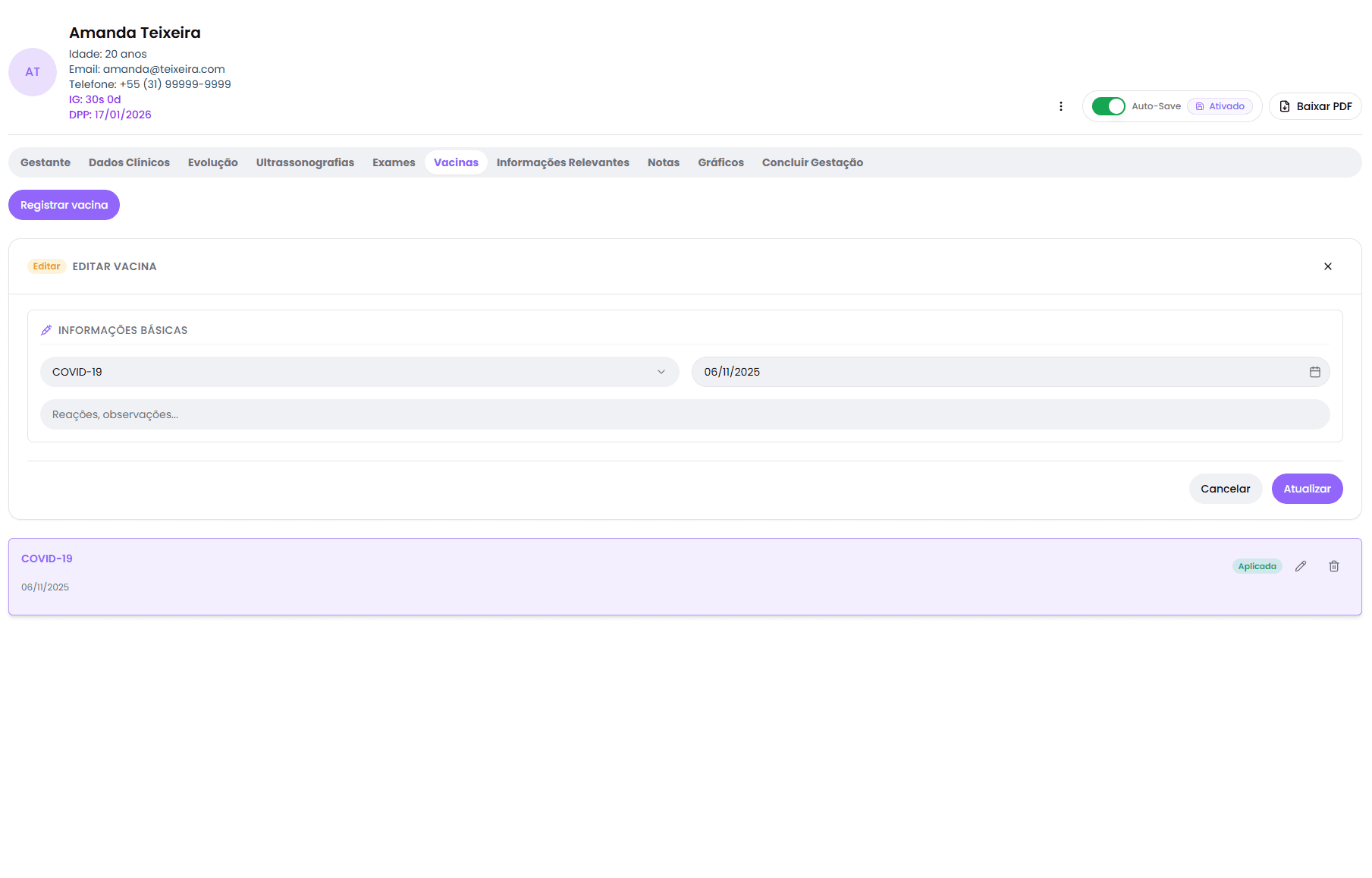 Aba Vacinas: Controle Completo da Vacinação da Gestante - PrenatalPro - Cartão Pré-Natal Digital