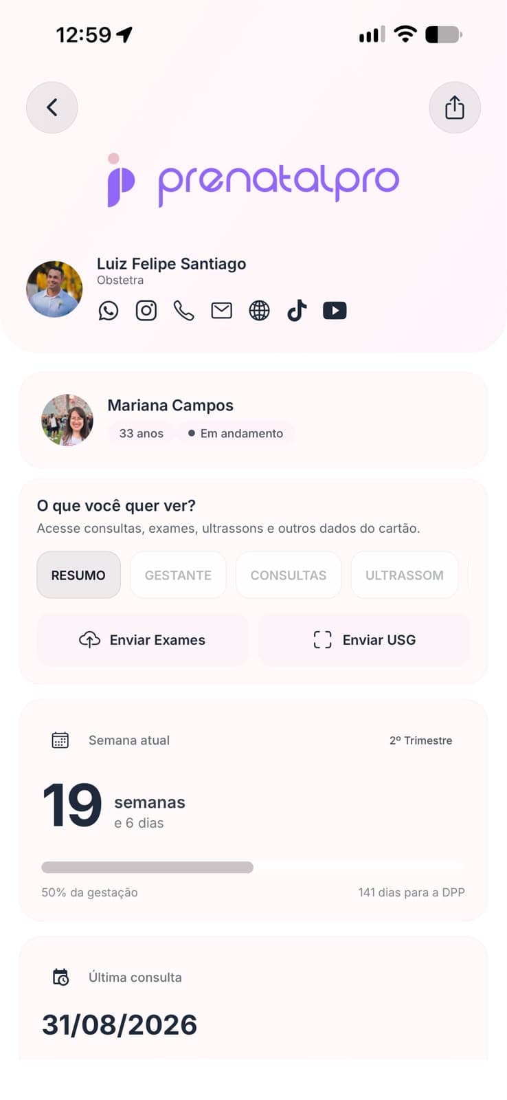 Cartão pré-natal digital acessado pela gestante no aplicativo