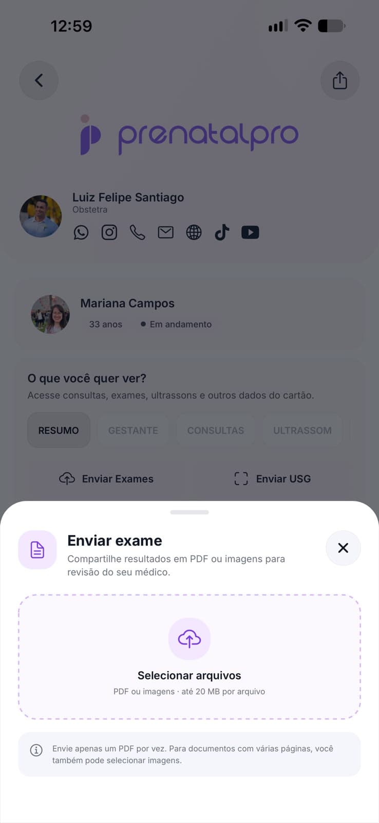 Gestante enviando um exame pelo aplicativo PrenatalPro