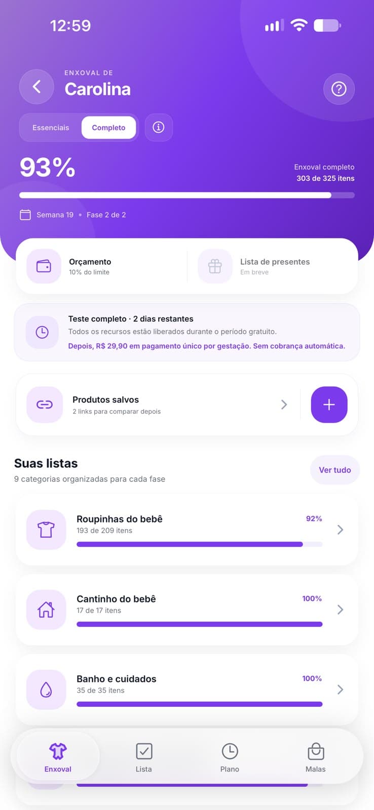 Enxoval com checklist e orçamento no aplicativo da gestante