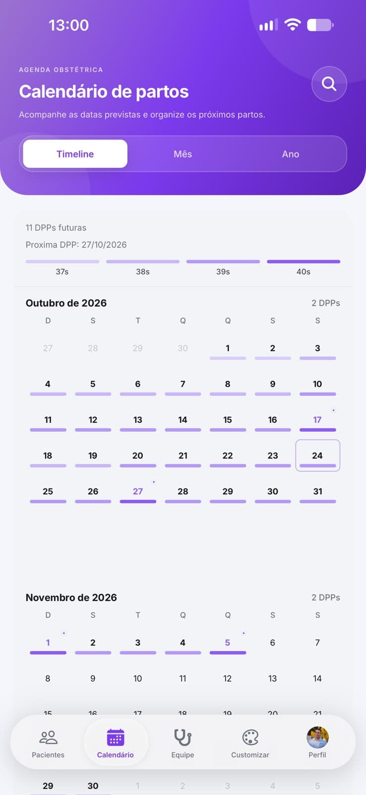 Calendário de partos com datas previstas e timeline de 37 a 40 semanas