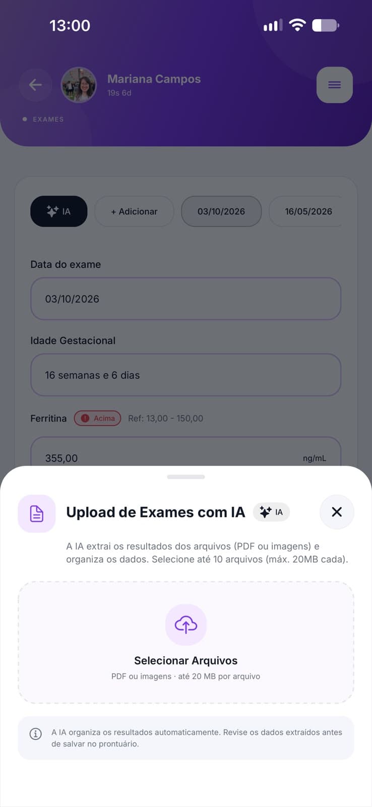 Upload de exames com inteligência artificial no app profissional