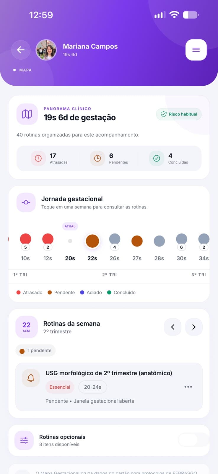 Mapa gestacional com panorama clínico e rotinas por semana