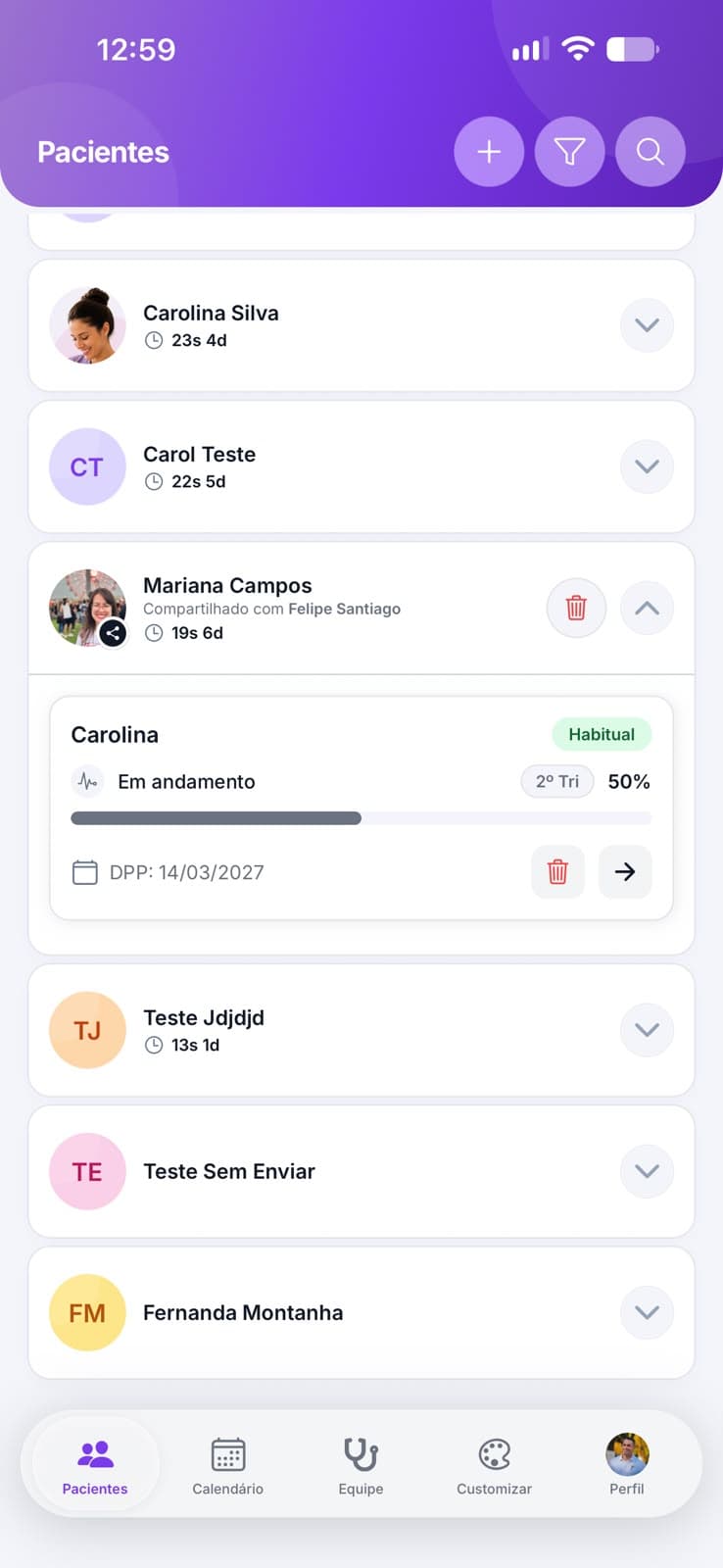 Gestão de pacientes no app do profissional