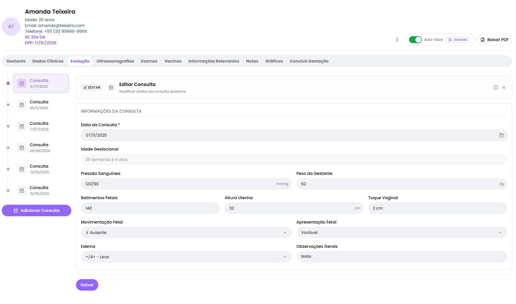 Aba Evolução: Acompanhe o Histórico Completo de Consultas - PrenatalPro - Cartão Pré-Natal Digital