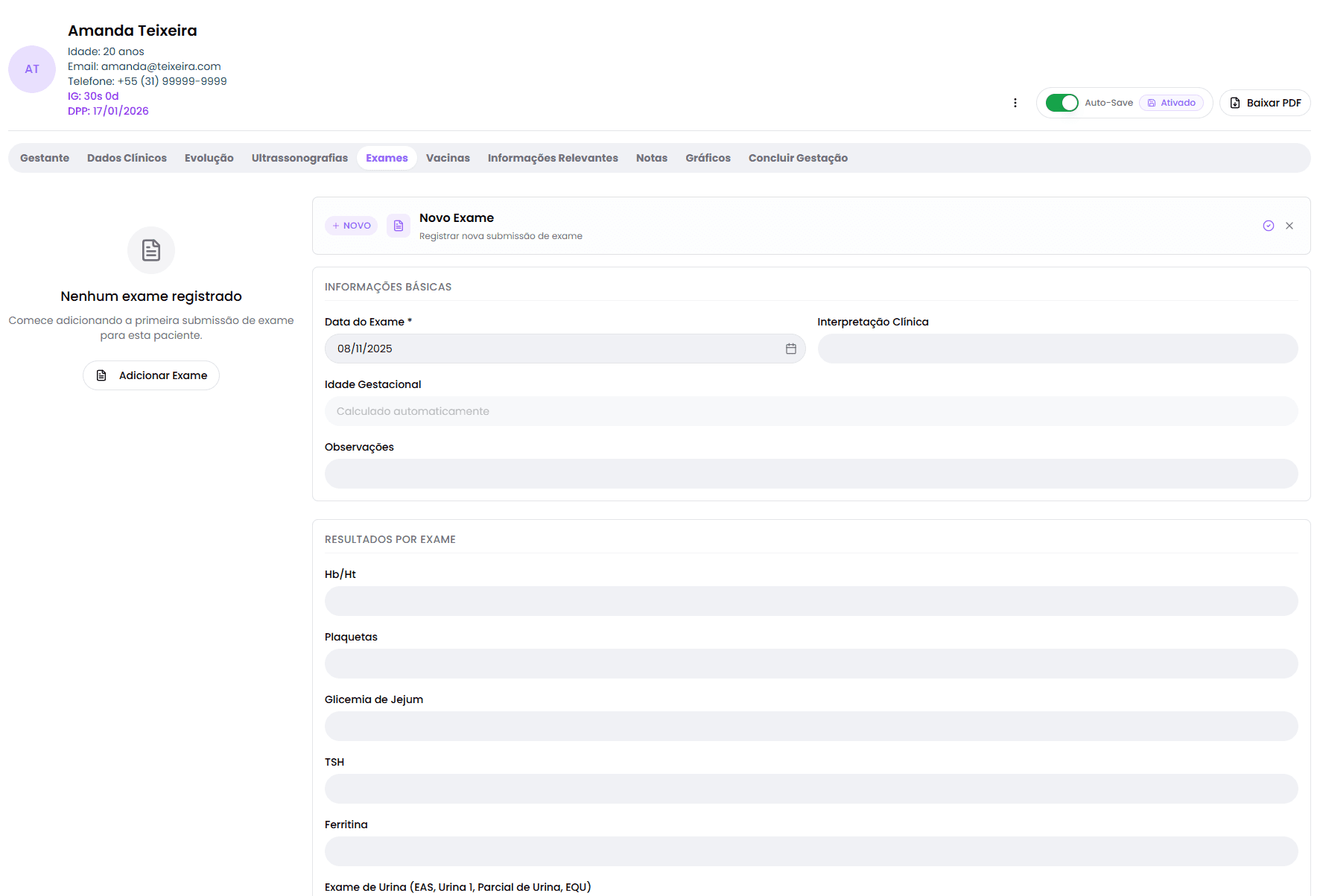 Aba Exames: Registro e Acompanhamento de Exames Laboratoriais - PrenatalPro - Cartão Pré-Natal Digital