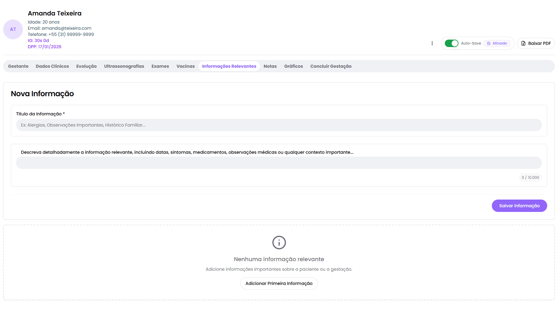 Aba Informações Relevantes: Registre Detalhes Críticos da Gestação - PrenatalPro - Cartão Pré-Natal Digital